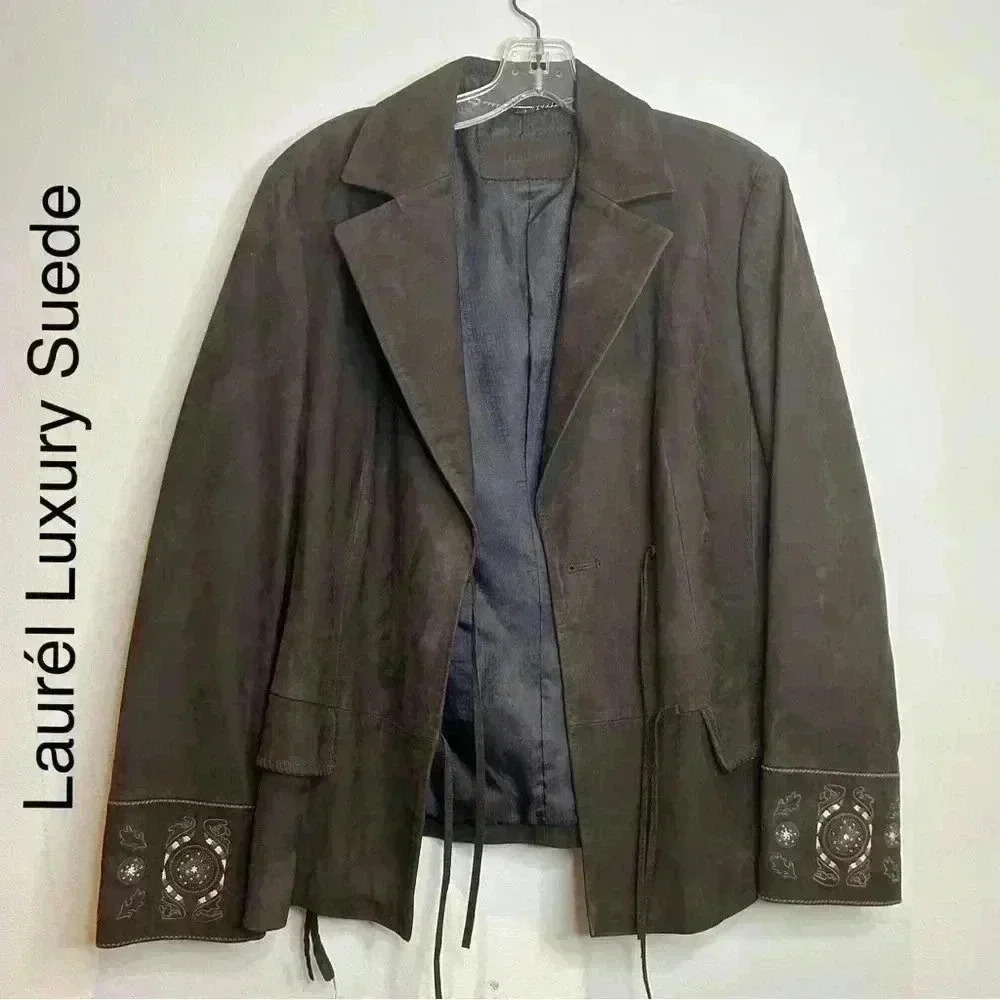 Laurél Brown Suede Coat  Blazer Embroidered Luxury